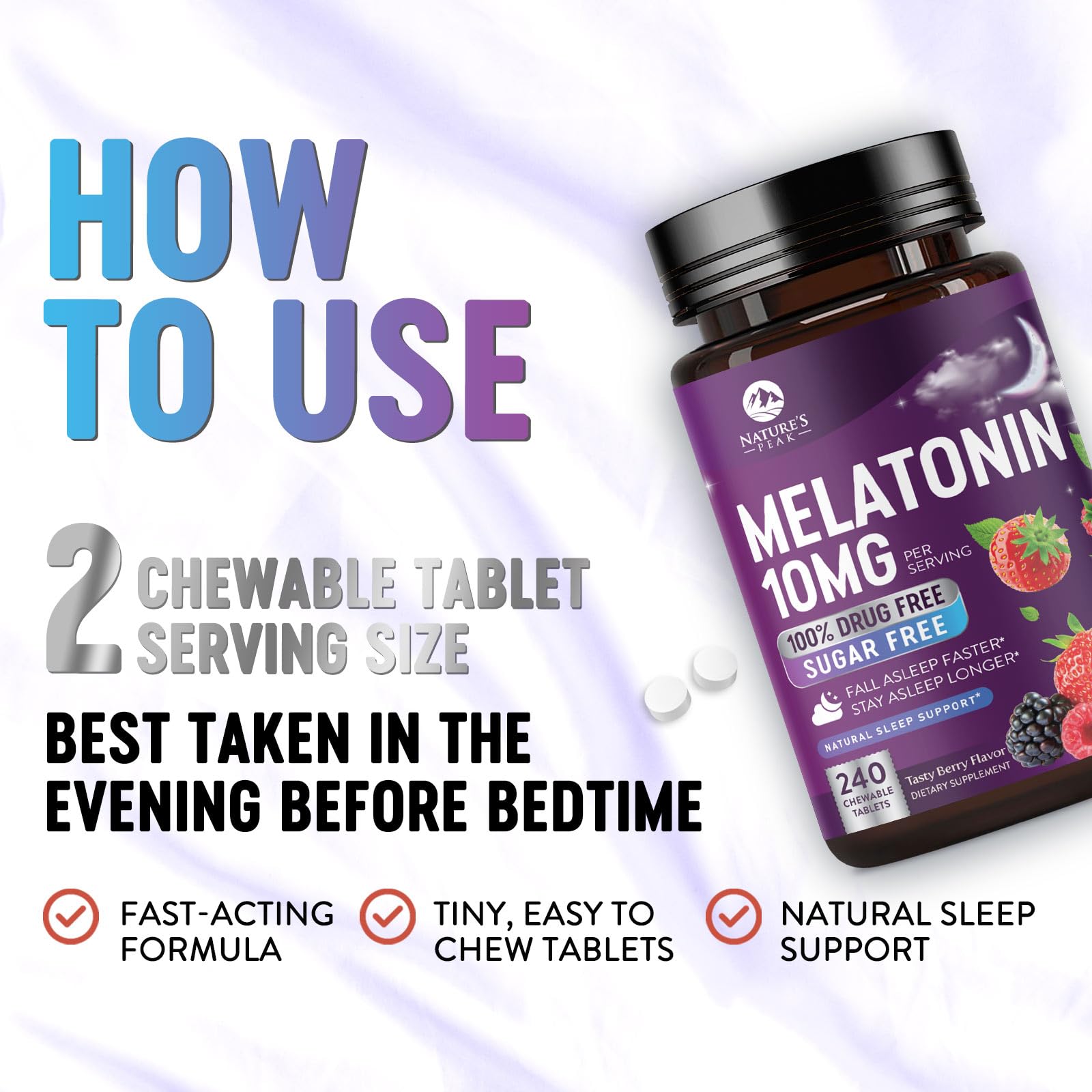 Melatonin 10mg - Fast Dissolve Sleep Support Melatonin Supplements for Adults - Extra Strength Sugar Free 10 mg for Restful Nighttime Sleep Support, Berry Flavor, Bottled USA - 120 Day Supply — Amazon image 6