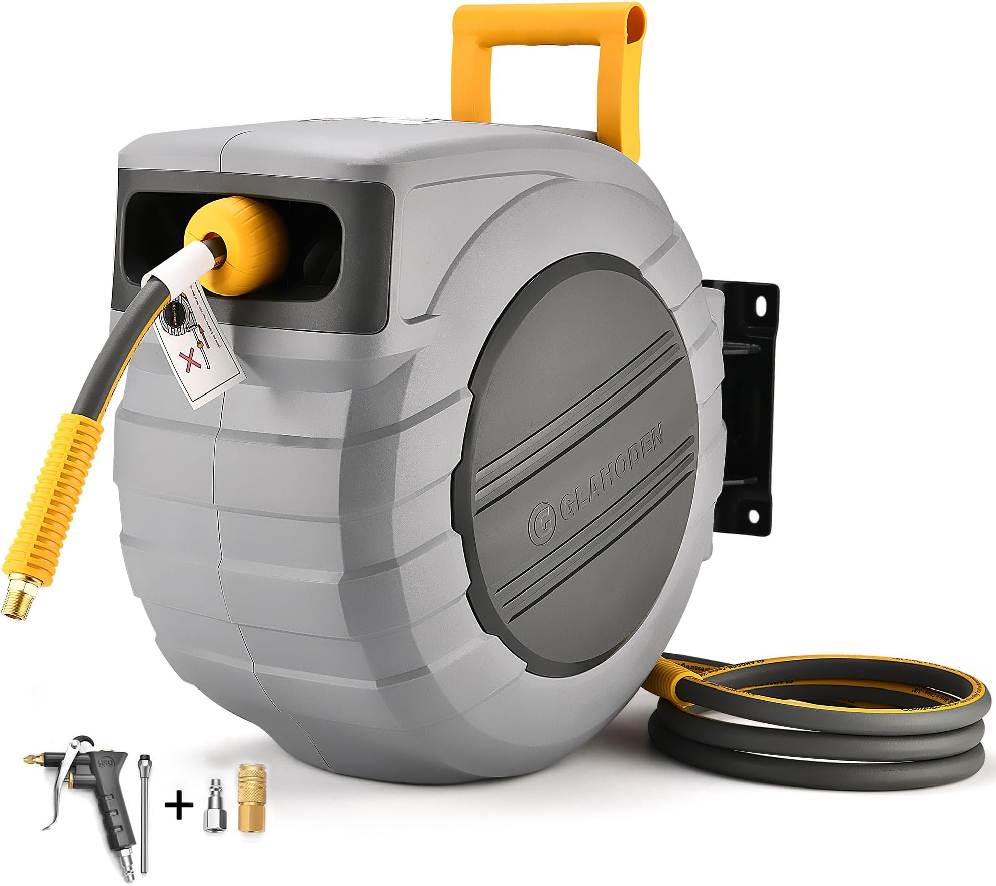 GLAHODEN Air Hose Reel 100 Ft Retractablel, 3/8 in x 100 Ft Hybrid Hose Air Compressor Hose Reel with 6 Ft Lead in Max 300 PSI Patented Design for Any Length Lock 180°Swivel Bracket Quick Coupler