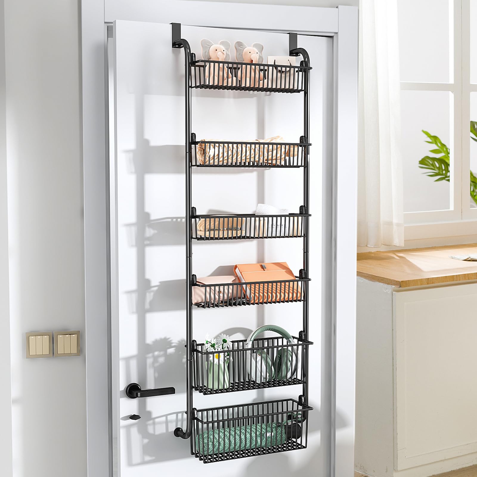 Organizzatore da appendere alla porta, organizer per spezie a 6 ripiani in metallo resistente per cucina - Organizer da appendere alla porta per cucina, bagno (Nero - 4 cestini piccoli + 2 grandi)