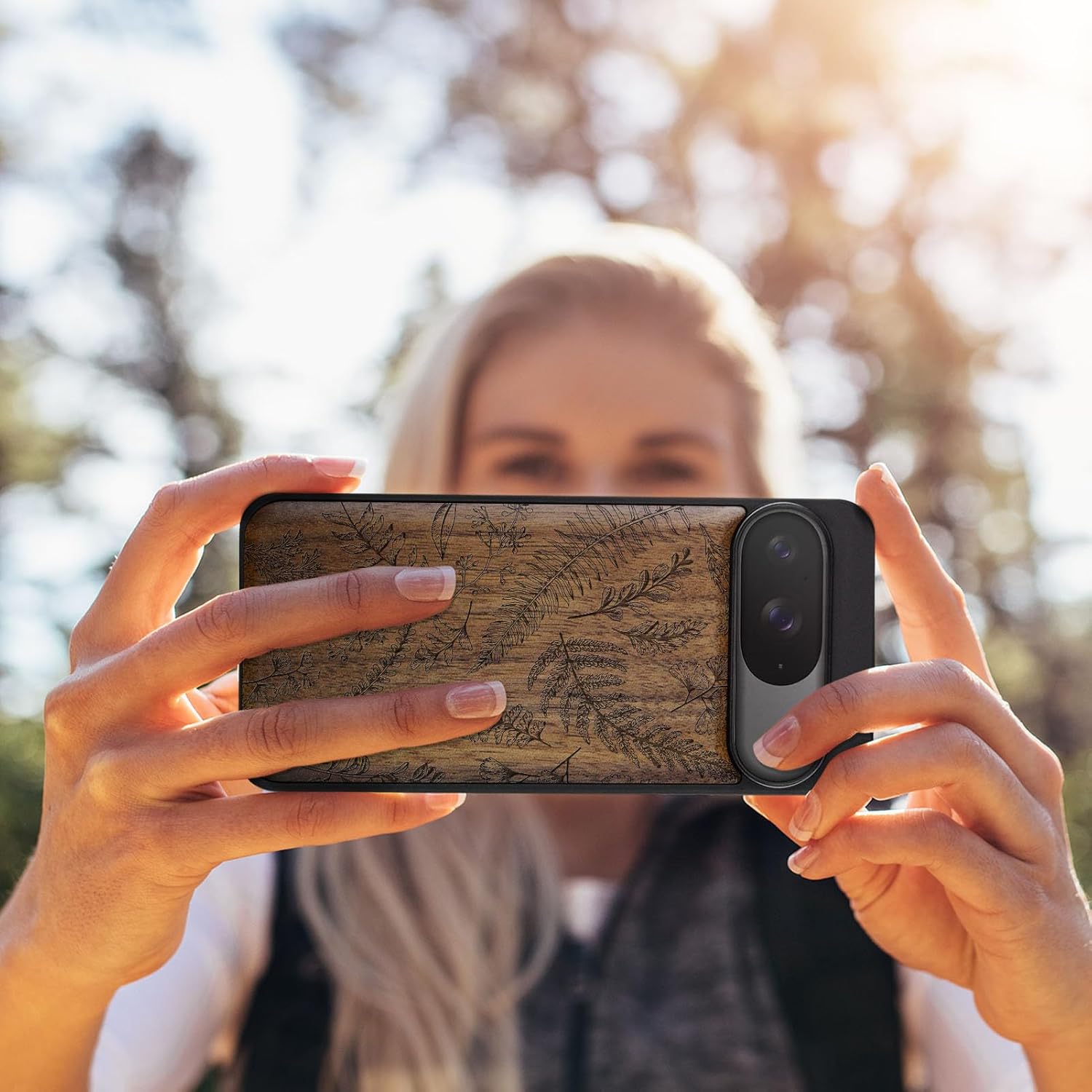 Carveit Magnetic Wooden Case for Google Pixel 9 Case, Wood Artisan Engraved & Soft TPU Shockproof Cover, Compatible with MagSafe Wireless Chargers (Fern Leaves & Herbs) Walnut