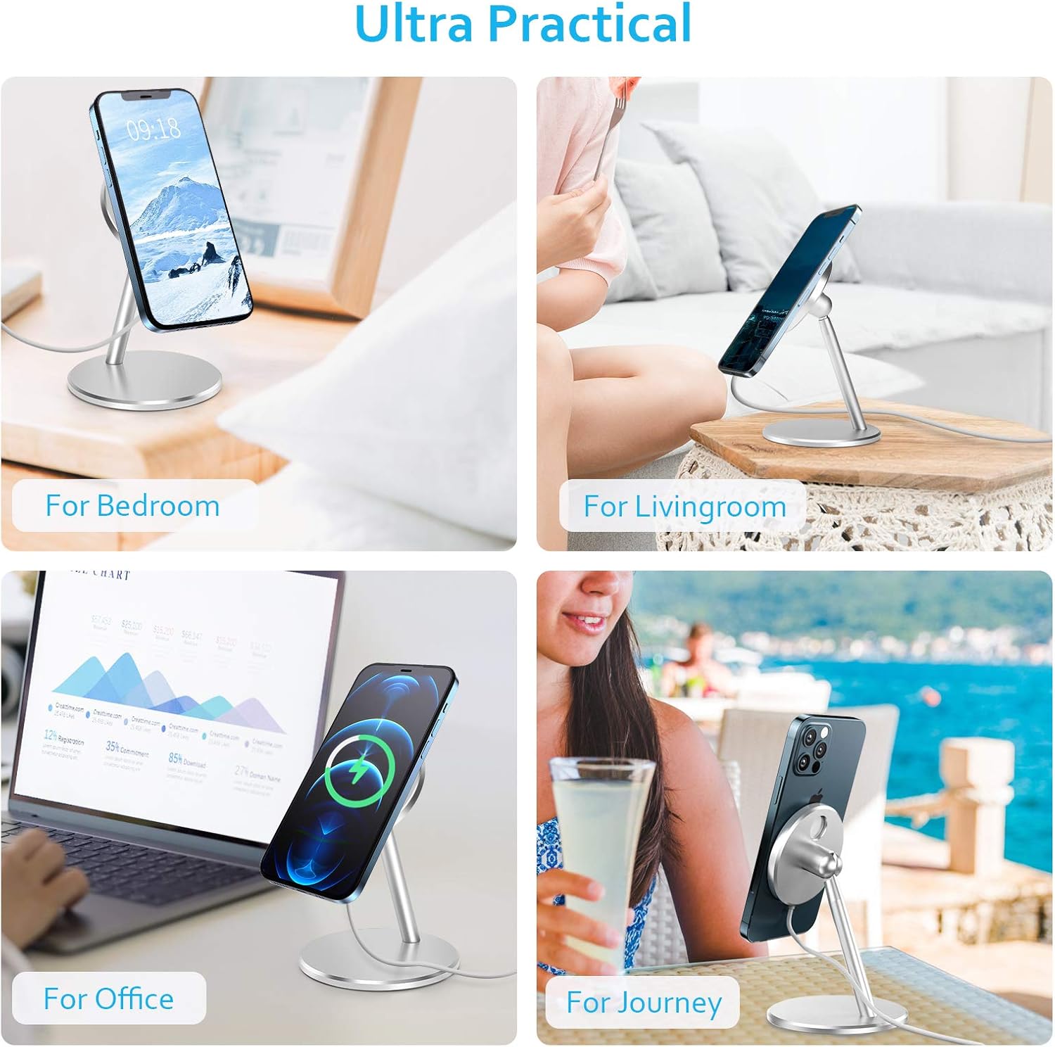 Phone Stand for MagSafe Charger, Adjustable Aluminum Alloy Desk Stand Holder Cradle for MagSafe Wireless Charger, iPhone 13 Pro Max, 13 Mini, iPhone 12 Mini,12 Pro Max (Not Included Magsafe Charger)