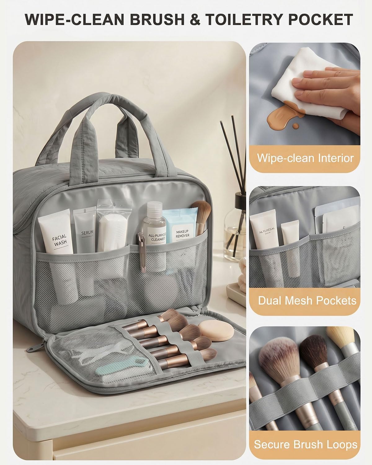 VPBAGE Large Quilted Toiletry Bag for Women, Puffy Travel Makeup Organizer with Removable Divider & Shoulder Strap, Waterproof Standing Cosmetic Case for Full-Size Toiletries, Gym, Vacation