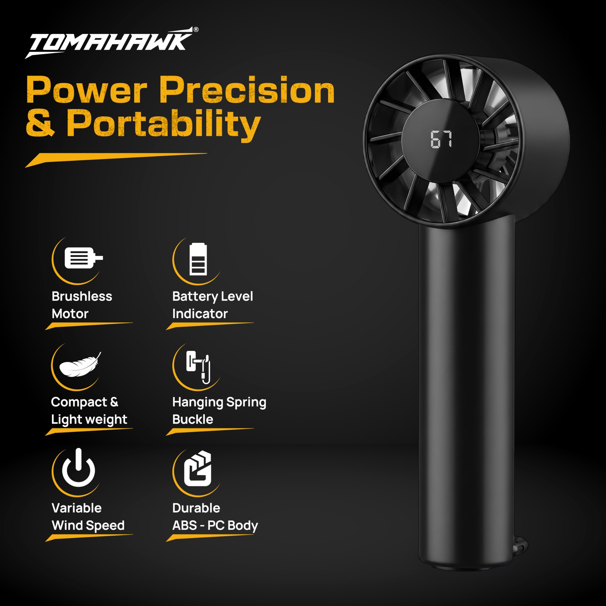 Tomahawk® HHDF-1475 Portable Rechargeable Mini Fan with 2000mAh Battery 3 Speed Modes (Low/Medium/High) USB Powered 5V/2A Compact & Lightweight Cooling Fan for Home, Office & Travel 3