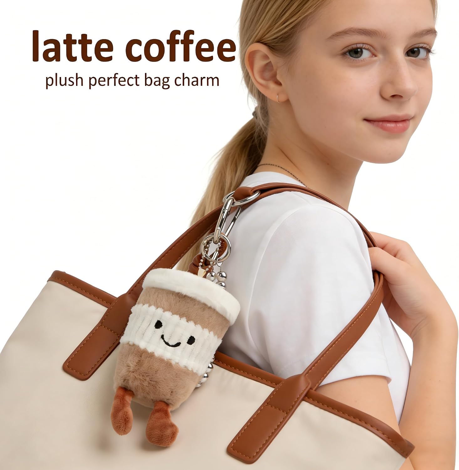 Coffee Cup Plush Keychain - Adorable Smiling Face Plushie Charm with Cute Bag Charms for Women