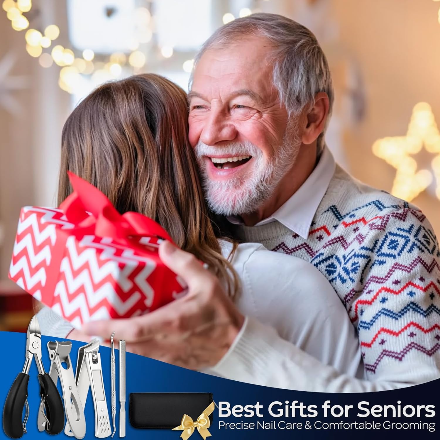 5Pcs Ingrown Toenail Removal Kit, Thick Toenail Clippers for Seniors, Heavy Duty Toenails Clippers for Men, Slanted Nail Clipper with Long Handle, Angled Head Toe Nail Clipper Senior Gift (Silver)