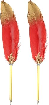 PATIKIL Feather Pen Quill, 2 Pcs Feather Ballpoint Pen Bulk Refined Vintage Feather Calligraphy Pen for Guest Signature Wedding Bridal Office Writing, Red