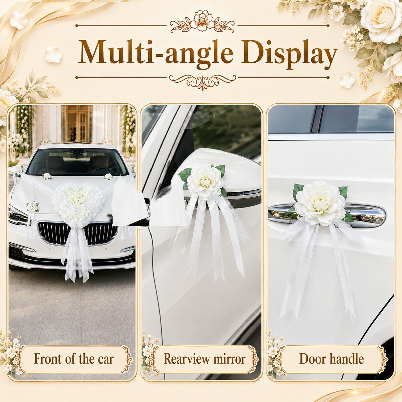 Autoschmuck Hochzeit Motorhaube, Weiß Auto Motorhaube Hochzeitsschmuck Set | Weiß Rosendekoration mit 35 cm Hauptblume, acht 9 cm Blumen mit Saugnäpfen, Tüll für Just Married, Wedding Ceremony