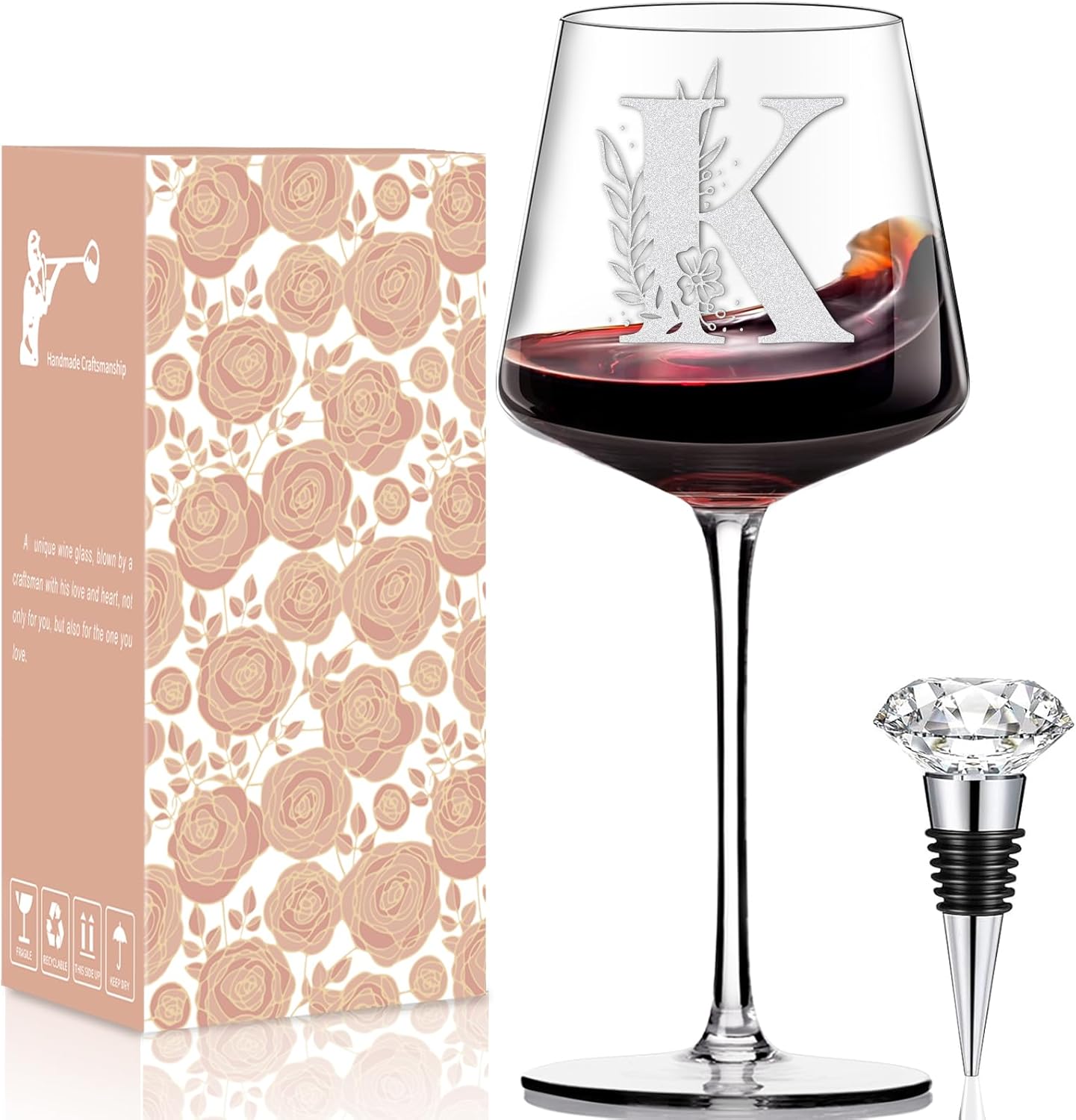 Physkoa Personalized Wine Glass-Initial Wine Glass Gifts for Women(Etched Dishwasher Safe),Customized Monogrammed Valentines Day Gift for Her/Mom/Wife/Best Friend/Sister-Letter K