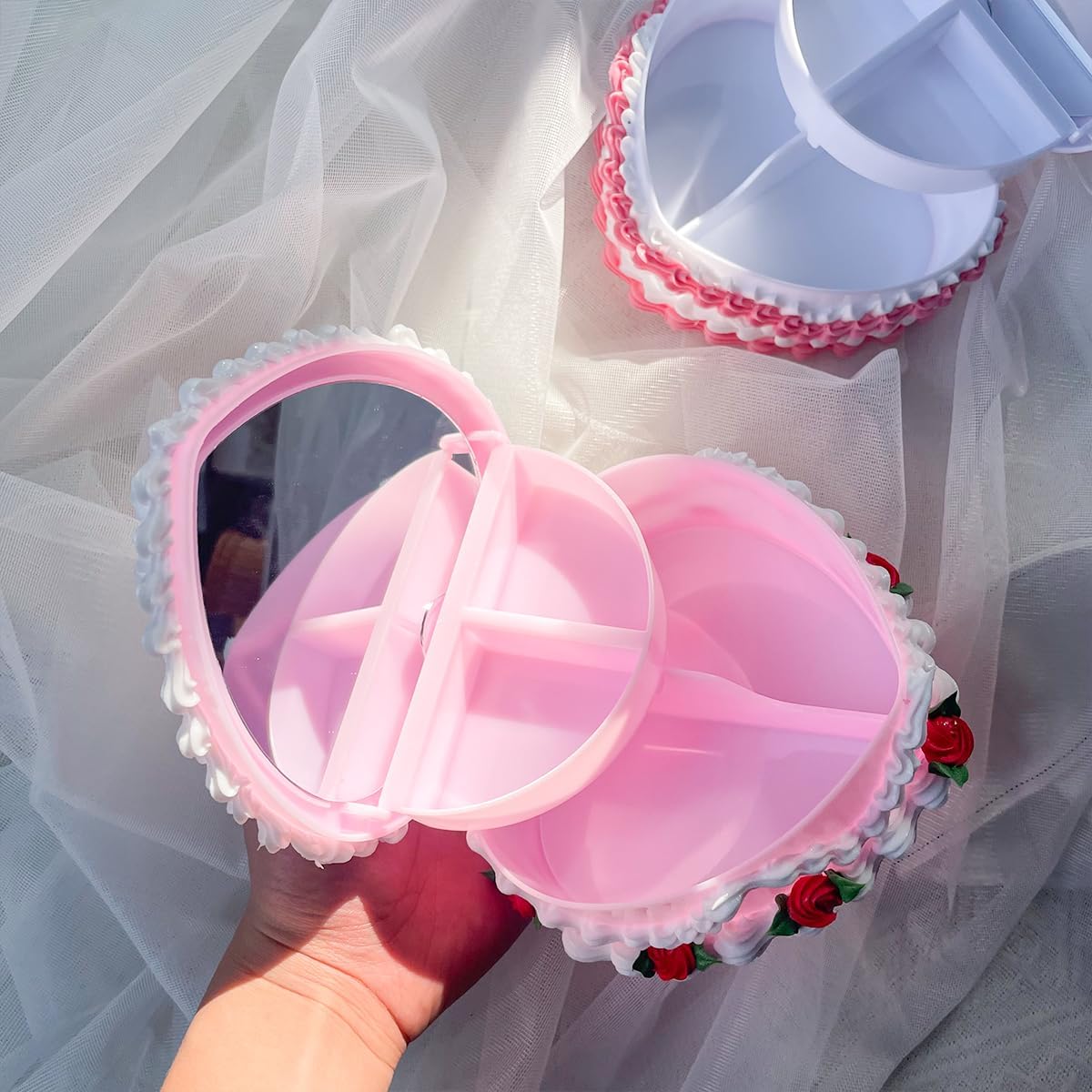 Heart Shaped Jewelry Box for Girls, Fake Cherry Pink Cake, Cute Kawaii Decorative Storage Accessories (cherry)