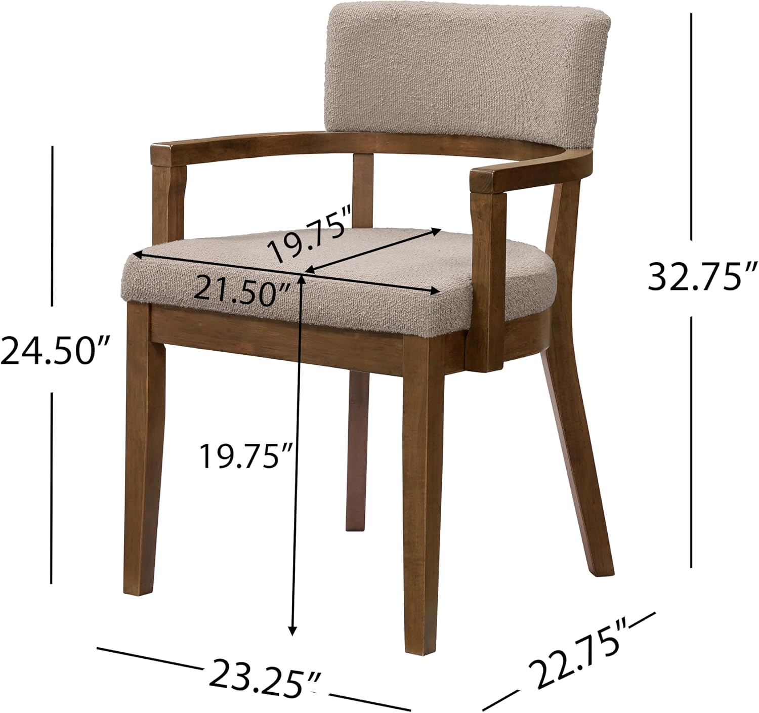 Christopher Knight Home Jarvan Boucle Upholstered Dining Chairs Set of 2, Mid Century Modern Kitchen Chair with Open Backrest and U-Shape Armrest, Wooden Living Room Chairs Set of 2, Khaki + Walnut