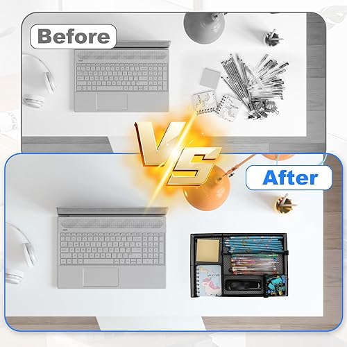 Miniatura 5 de Bandeja organizadora de cajones de escritorio, con 2 compartimentos ajustables, organizador de cajones de malla metálica, organizador de cajones de