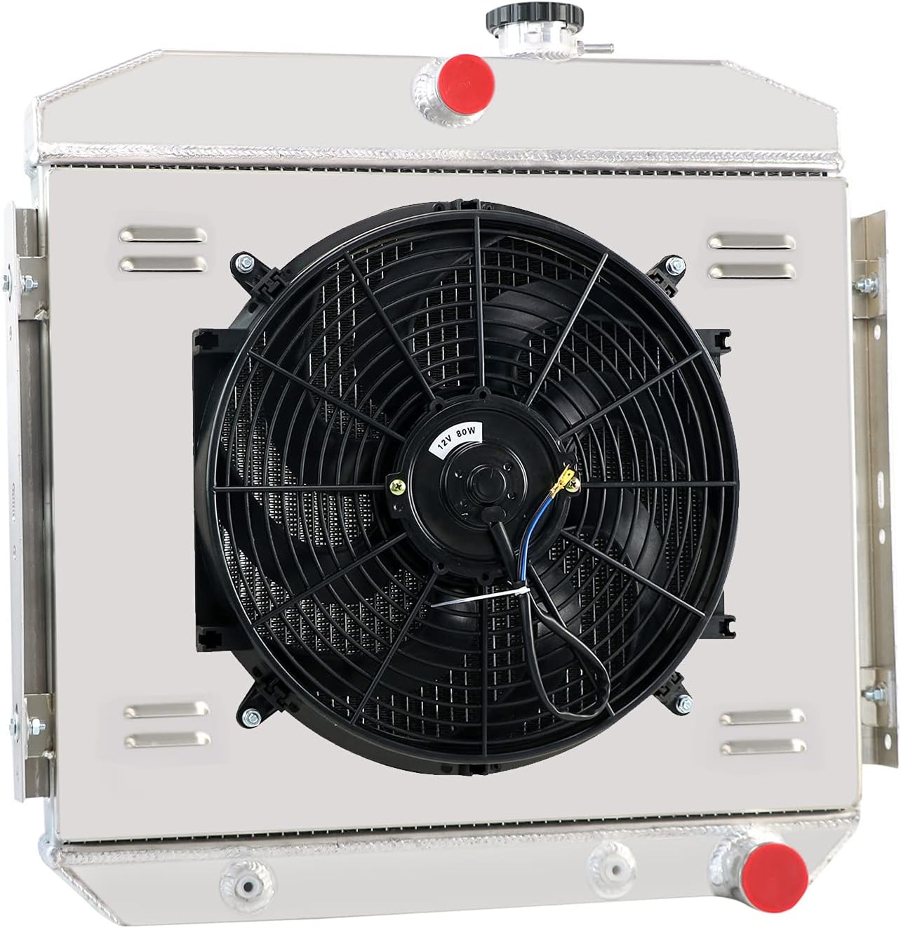 55-57 Chevy Belair Radiator, Radiator for 1955-1957 1956 Chevy Bel-air Del Ray 150 210 L6, 3 Row Aluminum Radiator + Shroud/Fan + Thermostat Relay Kit