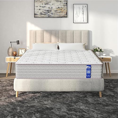 KOW Colchón individual de 12 pulgadas con espuma viscoelástica de gel y resortes interiores de bolsillo individual, colchón híbrido de firmeza media
