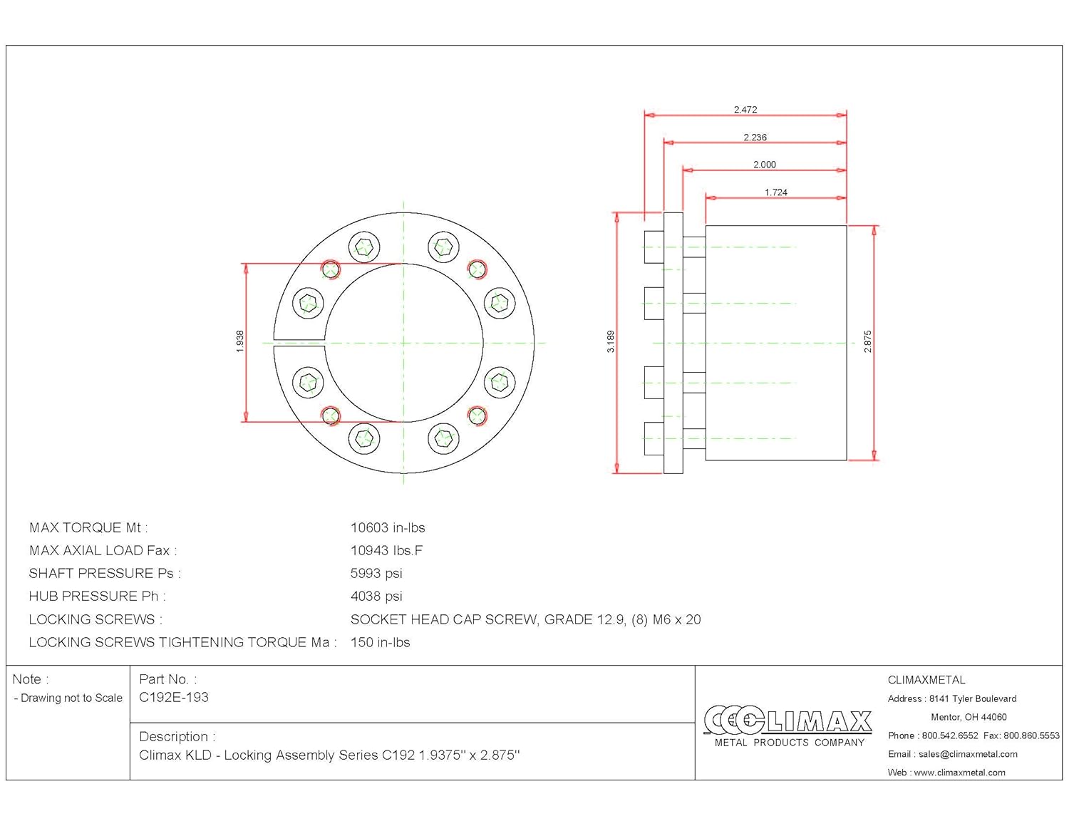 C192E-193 Series 192 Locking Assembly, Steel, Zinc Plated, 1.94" ID, 2.5" Width, 1-15/16" Shaft Diameter