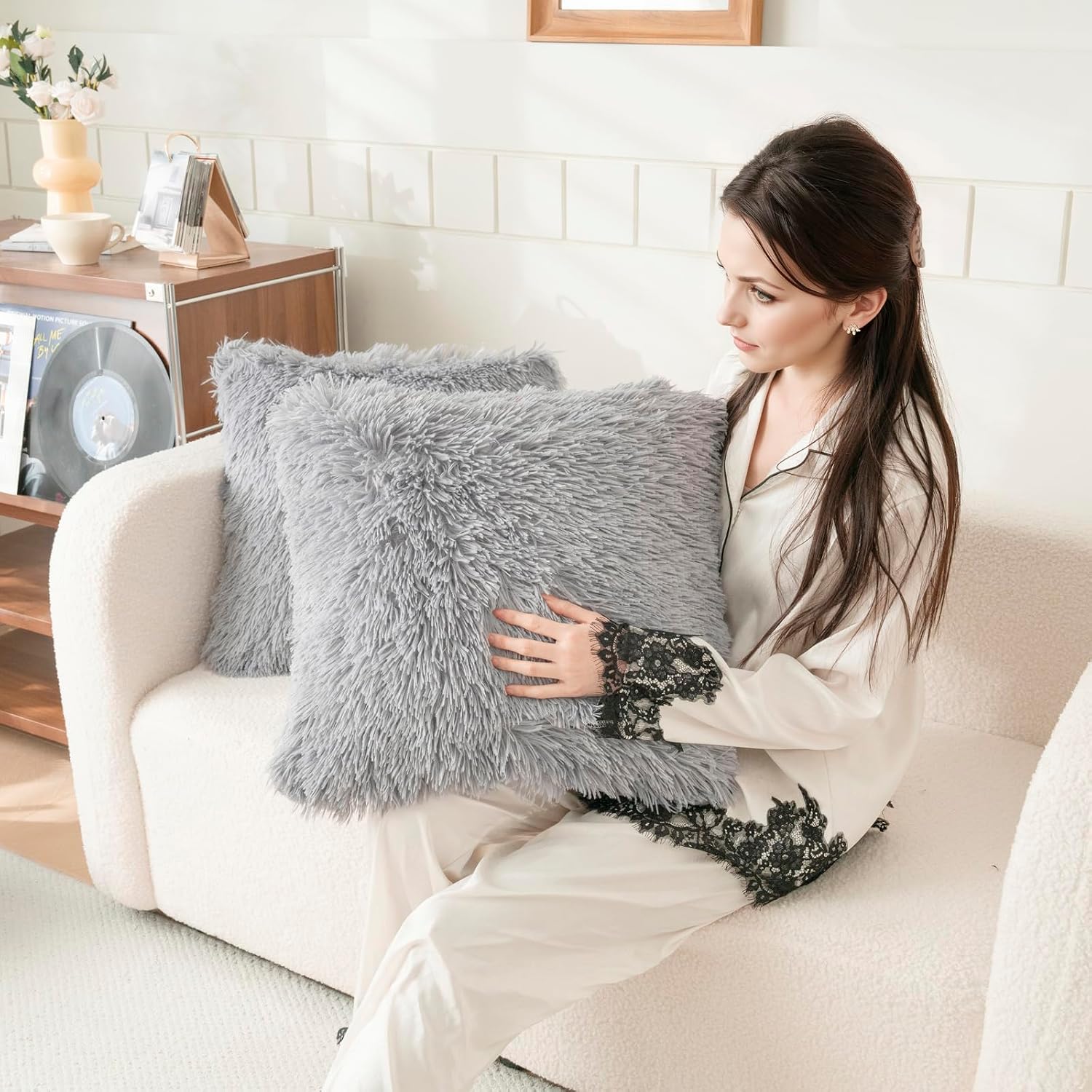 Faux Fur Grey Throw Pillow Covers, Fluffy Soft Fuzzy Decorative Pillow Cases Cute Pillowcases for Home Bedroom Living Room, Zipper Closure, Set of 2 (Grey, 18"x 18") image 4