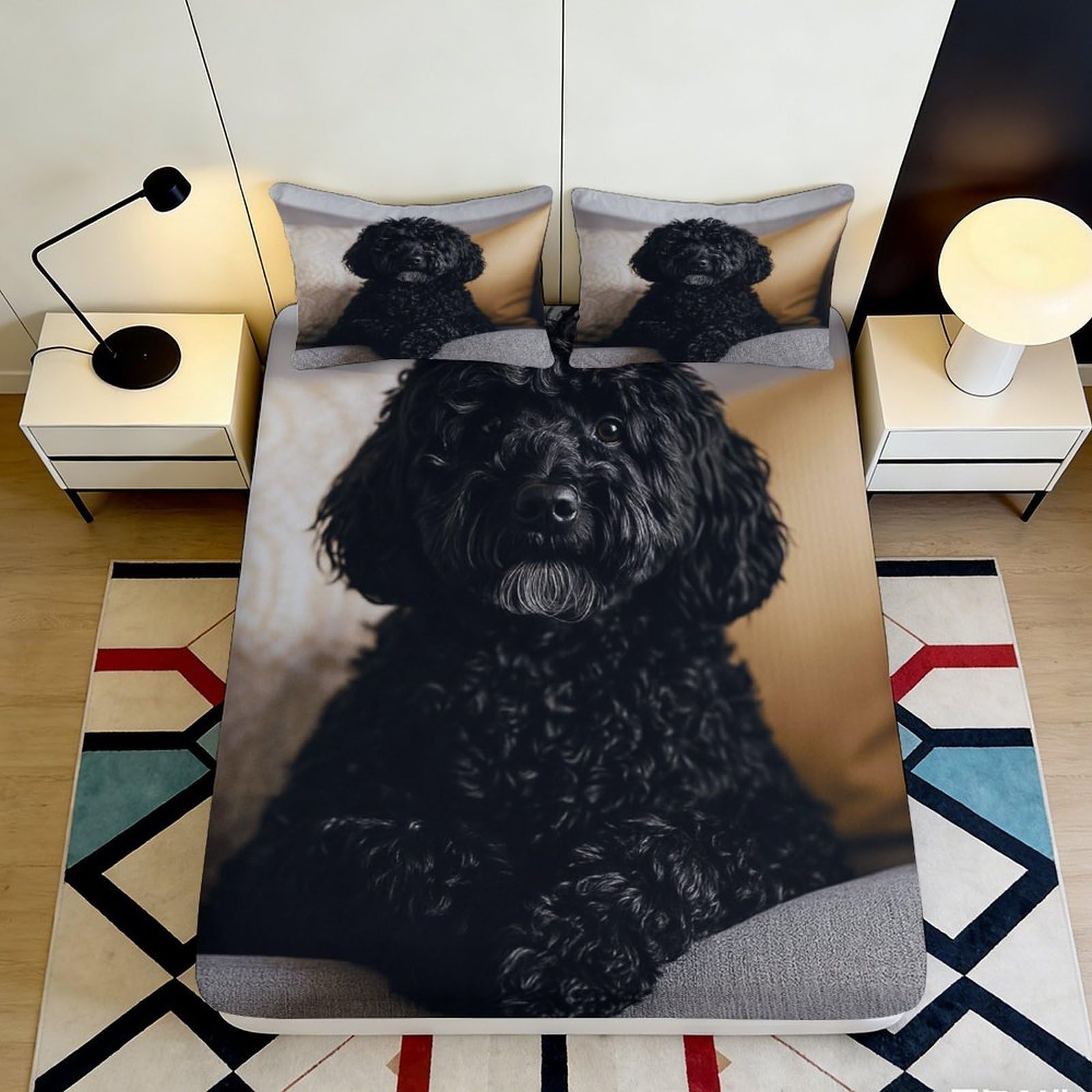 3D Printed Black Poodle Fitted Sheet Microfiber Soft Pet Dog Bed Sheet for Bedroom Dorm Guest Room Decorative Mattress Cover 90x200x25cm