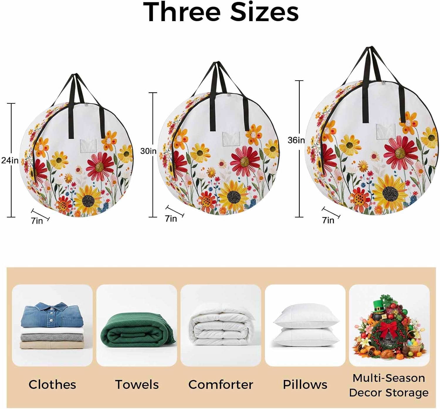 Spring Flower Floral Round Storage Bag 36 Inch, Red Yellow Daisy Rustic Plant Botanical Clothes Storage Container with Handles Heavy Duty Organizer for Comforter, Bedding & Holiday Wreaths