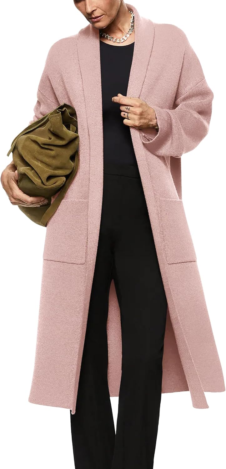Womens Long Sleeve Maxi Cardigan Open Front Oversized Knitted Sweater Coat Casual Lapel Warm Overcoat with Pockets Pink