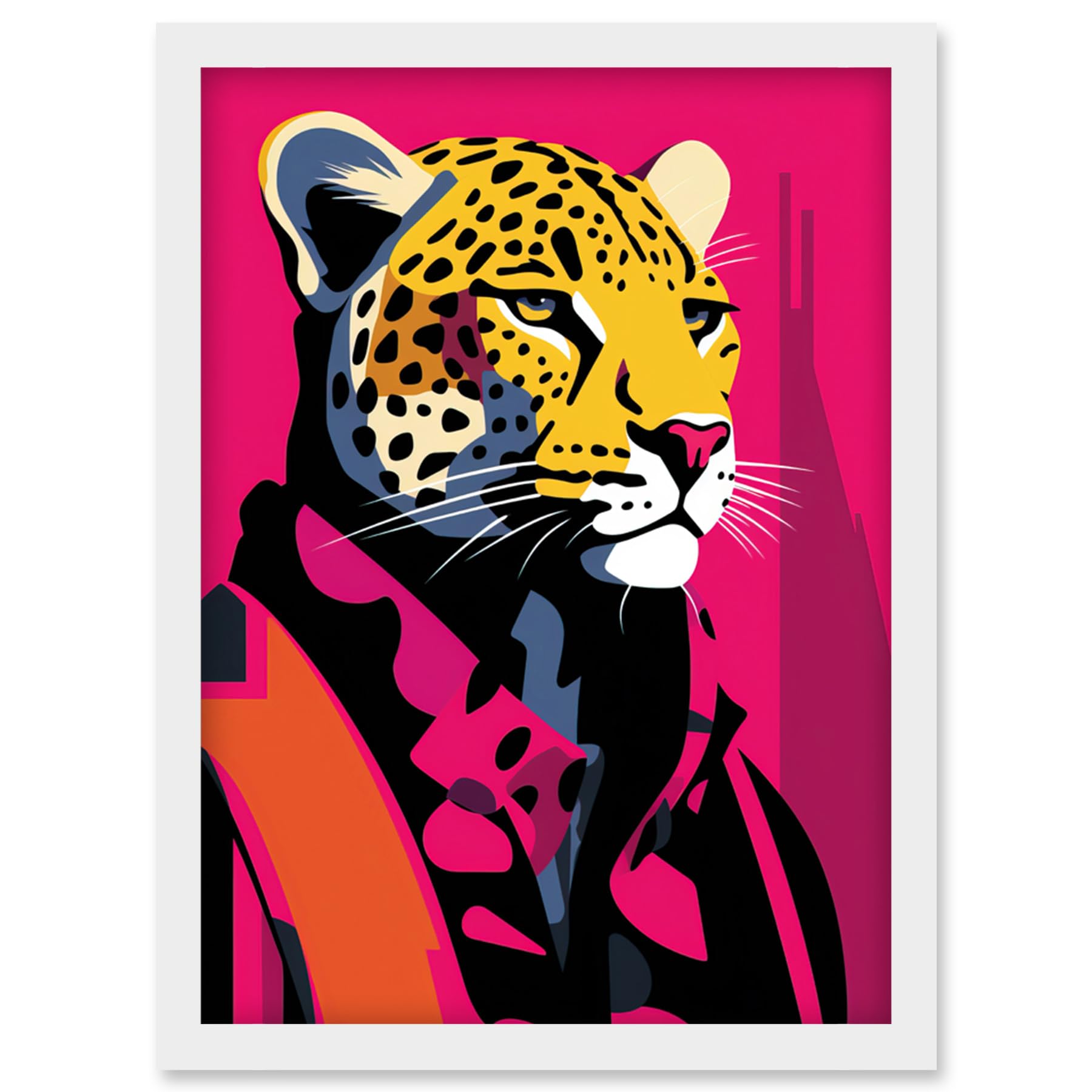Artery8 Strong Leopard in Suit Bold Artwork Orange Pop Art Hot Pink Vibrant Portrait Artwork Framed Wall Art Print A4