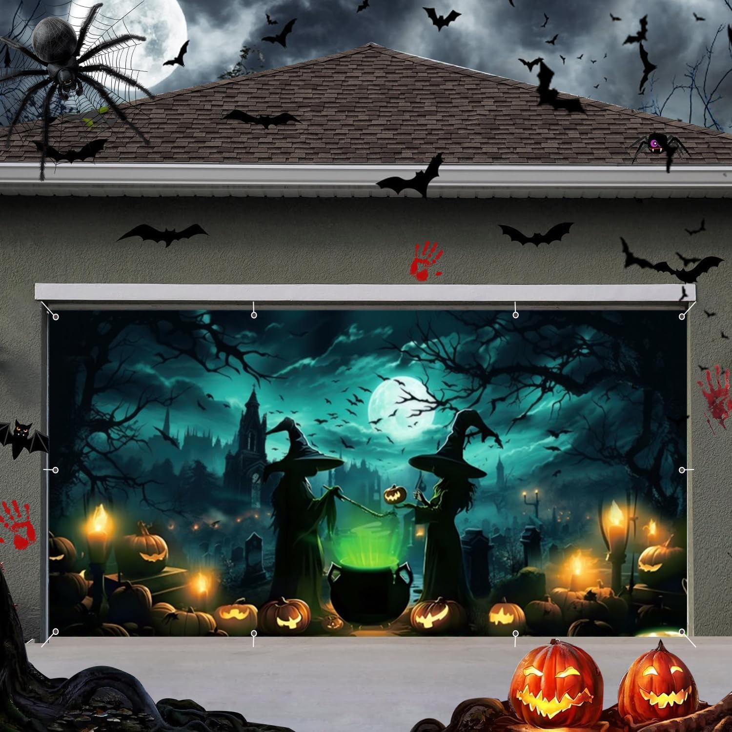 Halloween Garage Door Cover Decorations Banner 7x16ft Scary Halloween Backdrop,Large 2 Car Garage Door Cover,Horror Forest Witch Castle Wall Decor for Outdoor Holiday Decorations