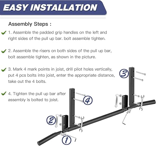 Miniatura 7 de ATENTO Barra de dominadas, soporte de techo para barbilla, entrenamiento para gimnasio en casa, viga, crossfit, resistente, agarre de espuma, fácil