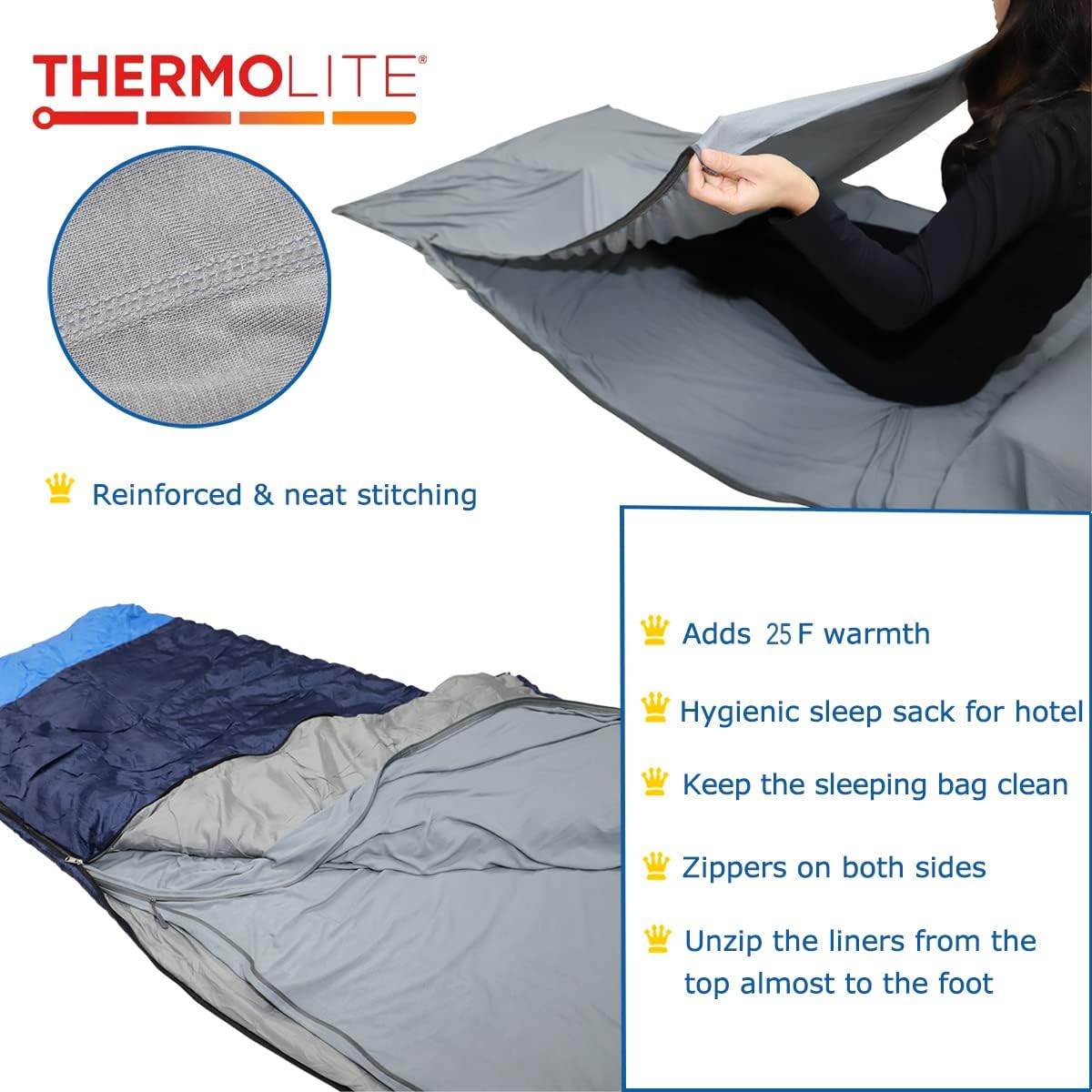 BROWINT Thermolite Sleeping Bag Liner with Zippers for Cold Weather, Lightweight Mummy with Hood & Rectangular Sleep Sack for Adult, Adds Warmth, Thermal Travel Liner, All Season