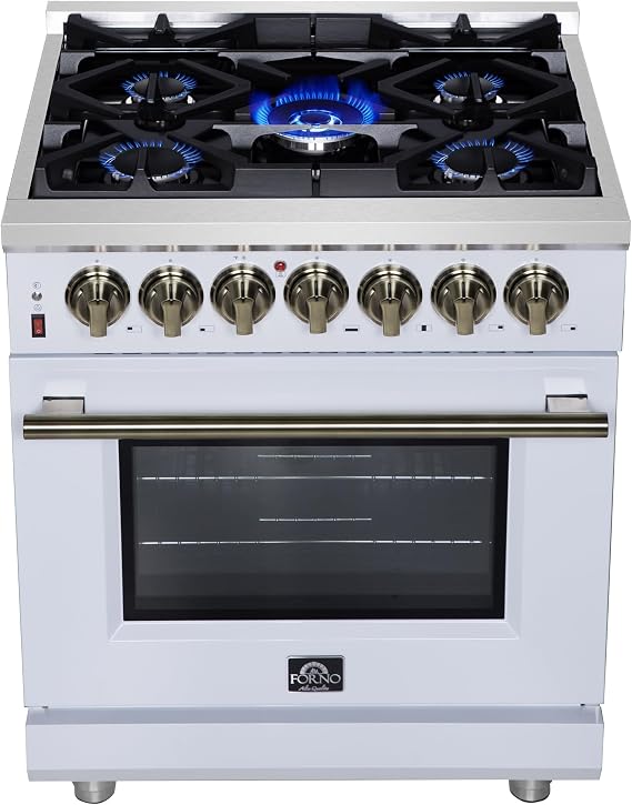 Forno Massimo 30-Inch Freestanding Dual Fuel Range with Antique Brass Trim, Handle & Knobs, 4 Sealed Burners, 4.32 cu. ft. Convection Oven, Professional Gas Cooktop & Electric Oven - White