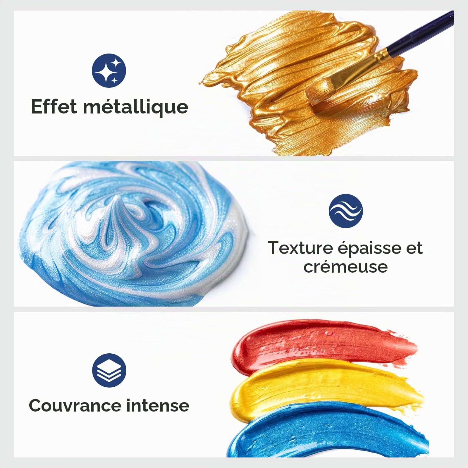 Nicpro lot peinture acrylique métallisée (20 × 250 ml), 20 couleurs de peinture acrylique en vrac, fournitures de peinture artistique non toxiques pour toile multi-surfaces, roche, bois, cuir, pierre