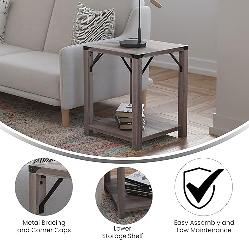 Miniatura 4 de Flash Furniture Wyatt - Mesa auxiliar moderna de 2 niveles, marco de madera de ingeniería gris lavado, soportes laterales entrecruzados de metal