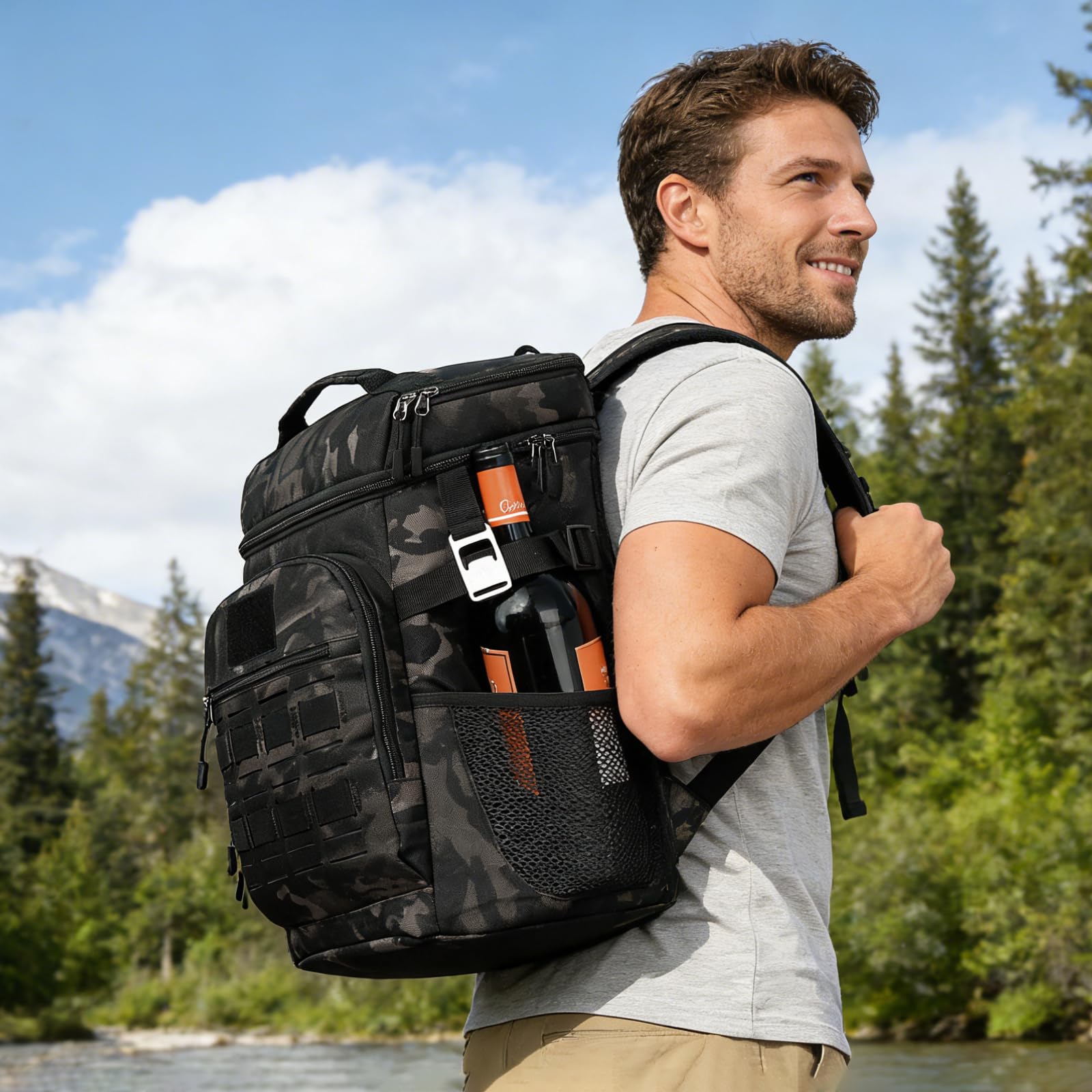 Kühlrucksack 25L Taktischer Kühltasche Rucksack Isolierte Auslaufsicher Kühl Thermo Rucksack mit Flaschenöffner Hält 40 Dosen Picknickrucksack für Camping, Strand, Mittagessen