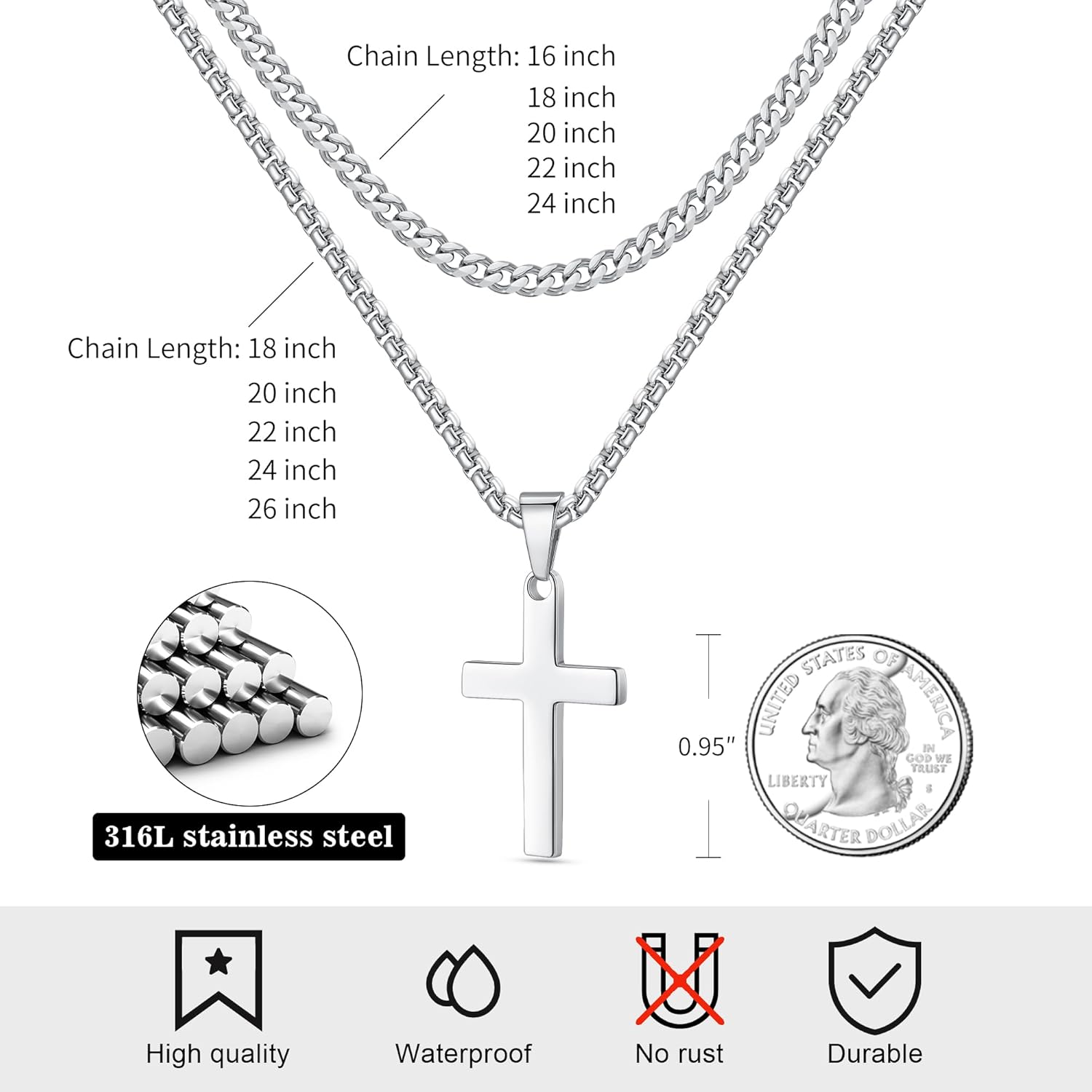 LUXEJEW Cross Necklace for Men Boys - Gold Silver Black Stainless Steel Cross Pendant Necklaces Layered Cuban Link Chain Necklace Jewelry Gifts 16 18 20 22 24 Inches - Image 5