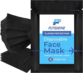 3-Ply Black Disposable Face Mask - TSA Approved Disposable Face Masks - Comfortable & Safe Disposable Face Mask for Safety & Protection - Ideal for Travel & Daily Use - 5 Count(1 Pack of 5)