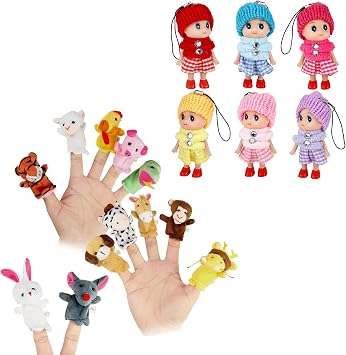12-PCS Story Time Animals Finger Puppets for Toddlers & 6 PCS Small Dolls Girls