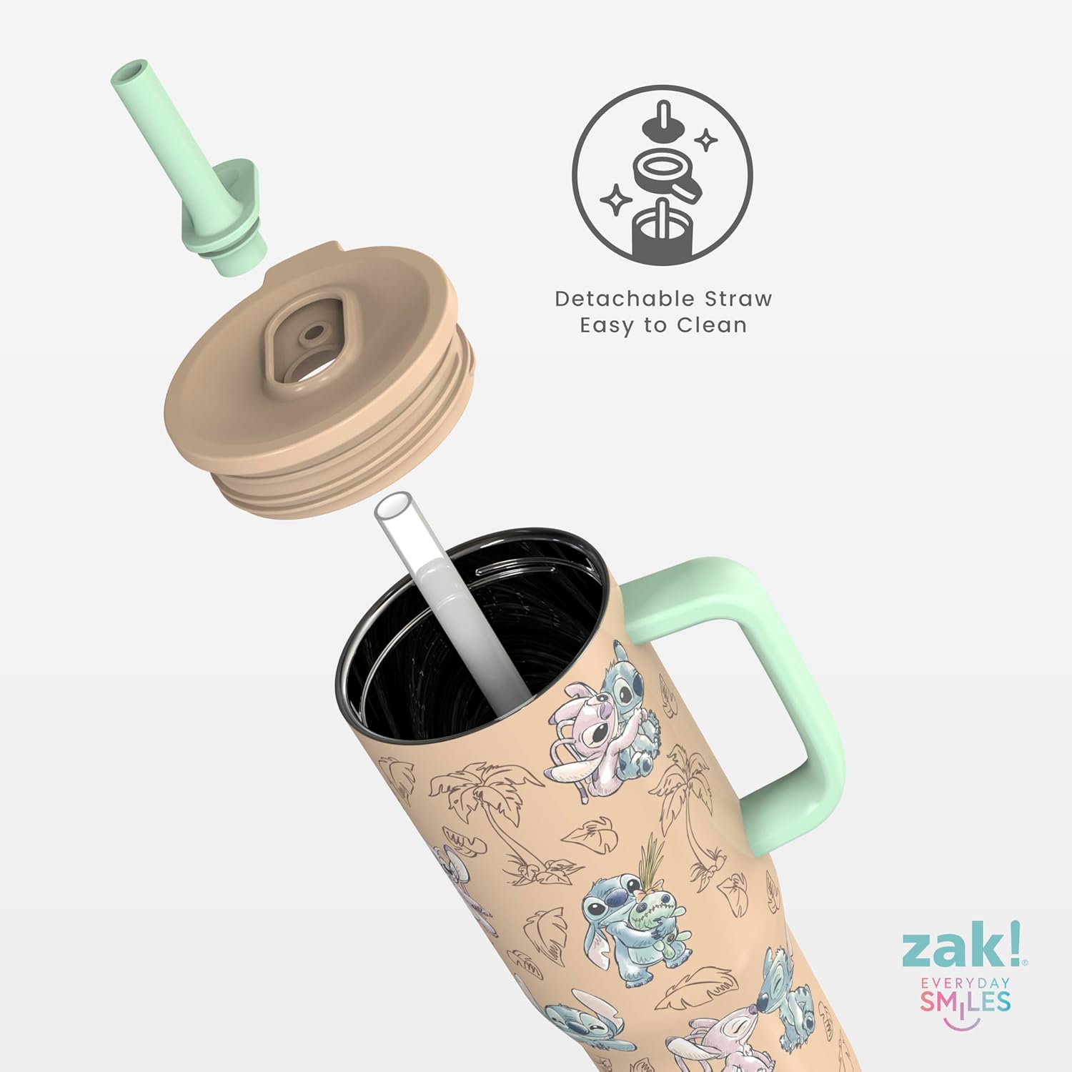 Zak Designs Disney Sutton Travel Tumbler for On the Go, 30oz Stainless Steel with Vacuum Insulation, Silicone Straw, and Carry Handle for Cold Drinks (Stitch, Angel) - Image 4