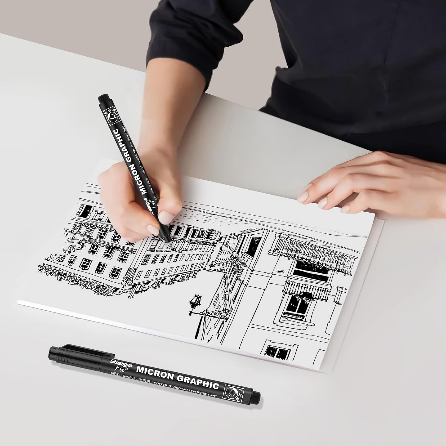 Bolígrafos de Punta Fina, Juego de 12 Color Negro Bolígrafos de Dibujo Fineliner, Rotuladores de dibujo resistentes para dibujar, escribir, ilustrar y hacer caricaturas