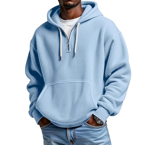 Waffle Knit Hoodie Men Quarter Zip Hoodie Men Comfort Pullover