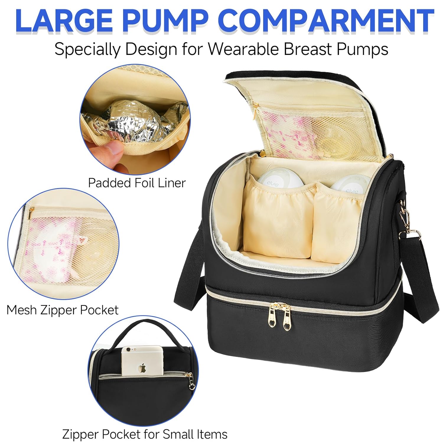 Wearable Breast Pump Bag with Cooler Compartment Fits for Willow/Eufy/Elvie/Momcozy M5/S12 Pro/Medela, Breast Milk Travel Tote Bag with Ice Pack & Waterproof Mat,Black - Image 4