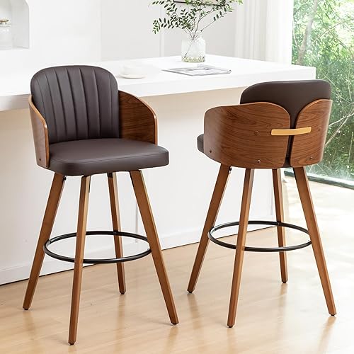 Juego de 2 taburetes de bar giratorios Taburetes de bar de mediados de siglo de 29.5 pulgadas con manualidades de madera curvada de nogal, respaldo