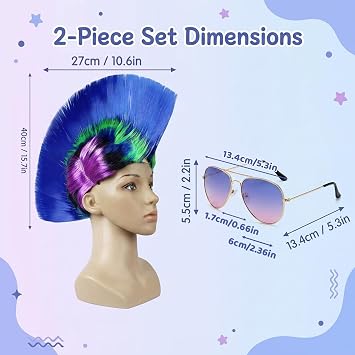 2-Piece Mohawk Wig with Sunglasses, 80s Rocker Punk Costume Set - Rainbow Blue Mohican Hairpiece, Cyberpunk Accessories for Music Festival, Cosplay & Funny Dress-Up
