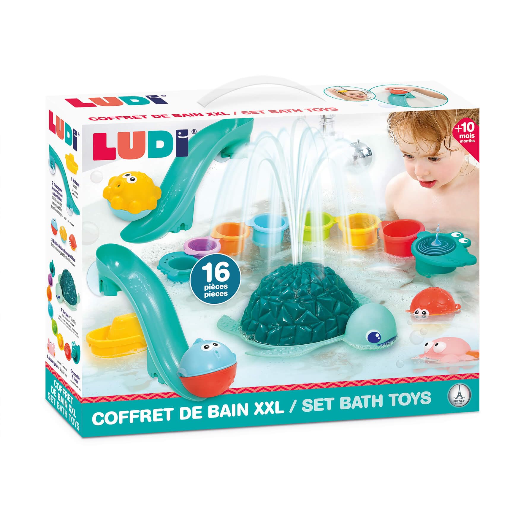 LUDI – Coffret de Bain XXL – 16 Jeux d’Eau interactifs – Toboggans, Tortue Lumineuse et Cups Pluie – Développe motricité et Coordination – Dès 10 Mois