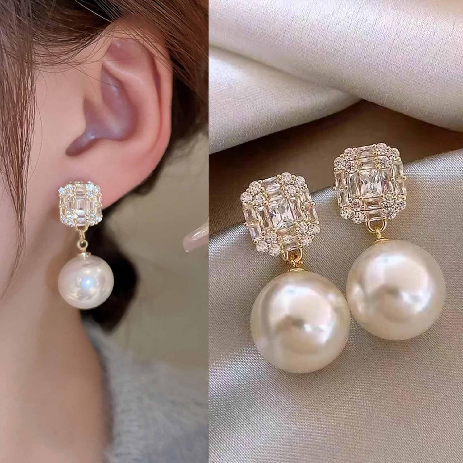 W WEILIRIAN Boho Pearl Drop Earrings Crystal Square Earrings Pearl Dangle Earrings Vintage Pearl Bead Earrings Sparkly Rhinestone Earrings Jewelry for Women - Image 5