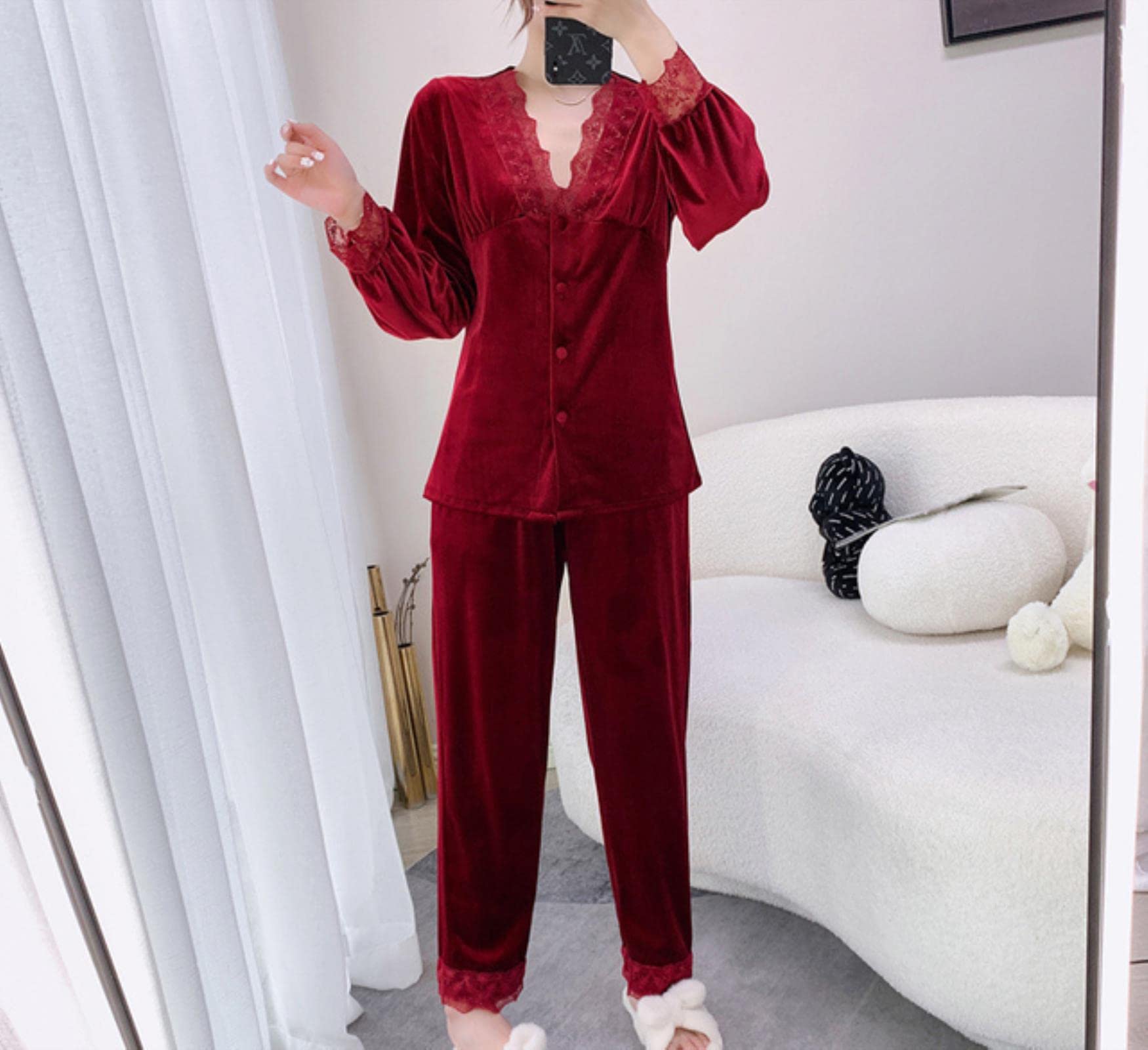 MOGSA Pijama para mujer, pijama de terciopelo sintético para otoño, invierno, ropa de dormir de manga larga, ropa de dormir suelta para el hogar, ropa de dormir con ribete de encaje