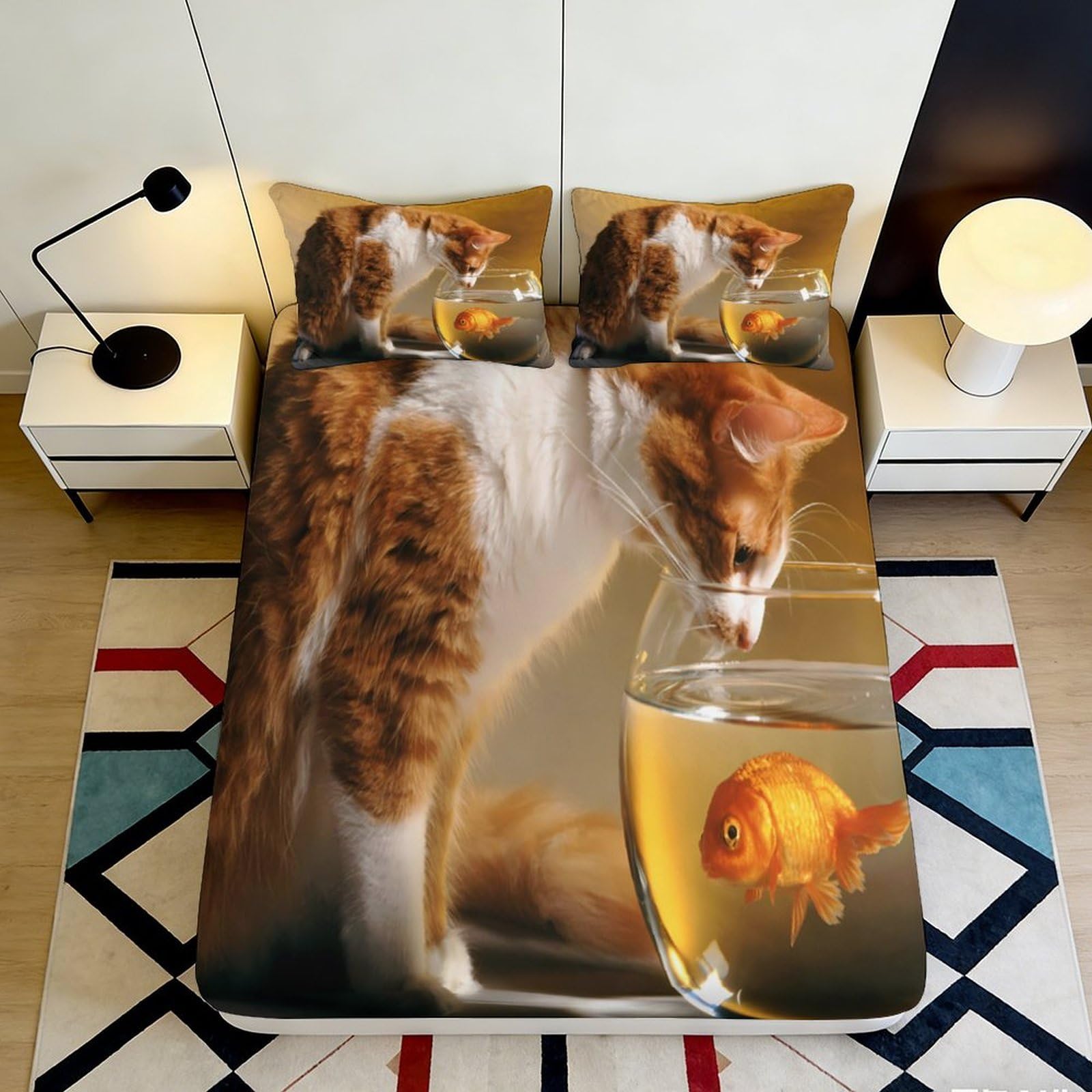3D Printed Cat with Goldfish Fitted Sheet Microfiber Anti-Slip Bed Cover for Bedroom Dorm Mattress Protection Decor 140x200x25cm