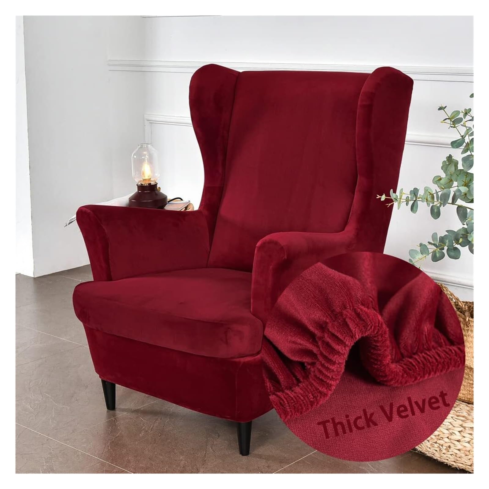 WJHDWYD 2-Piece Stretch Velvet Wingback Chair Cover Armchair Cover with T-Cushion Cover, Solid Color Fashion Non-Slip Armchair Cover for Strandmon,Bedroom(Rouge)