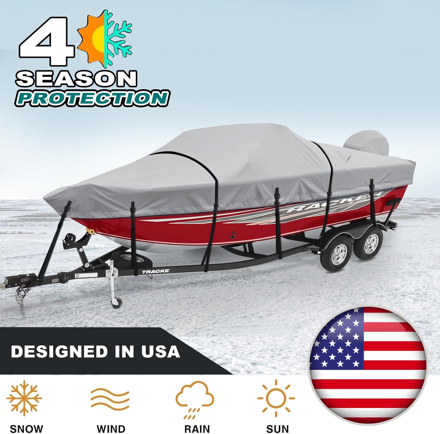 Boat Cover,Heavy Duty 1200D Waterproof Boat Covers 17-19ft with Motor Cover and Windproof Adjustable Metal Buckle Fits Bass,V-Hull,Tri-Hull,Runabout Boat,Gray