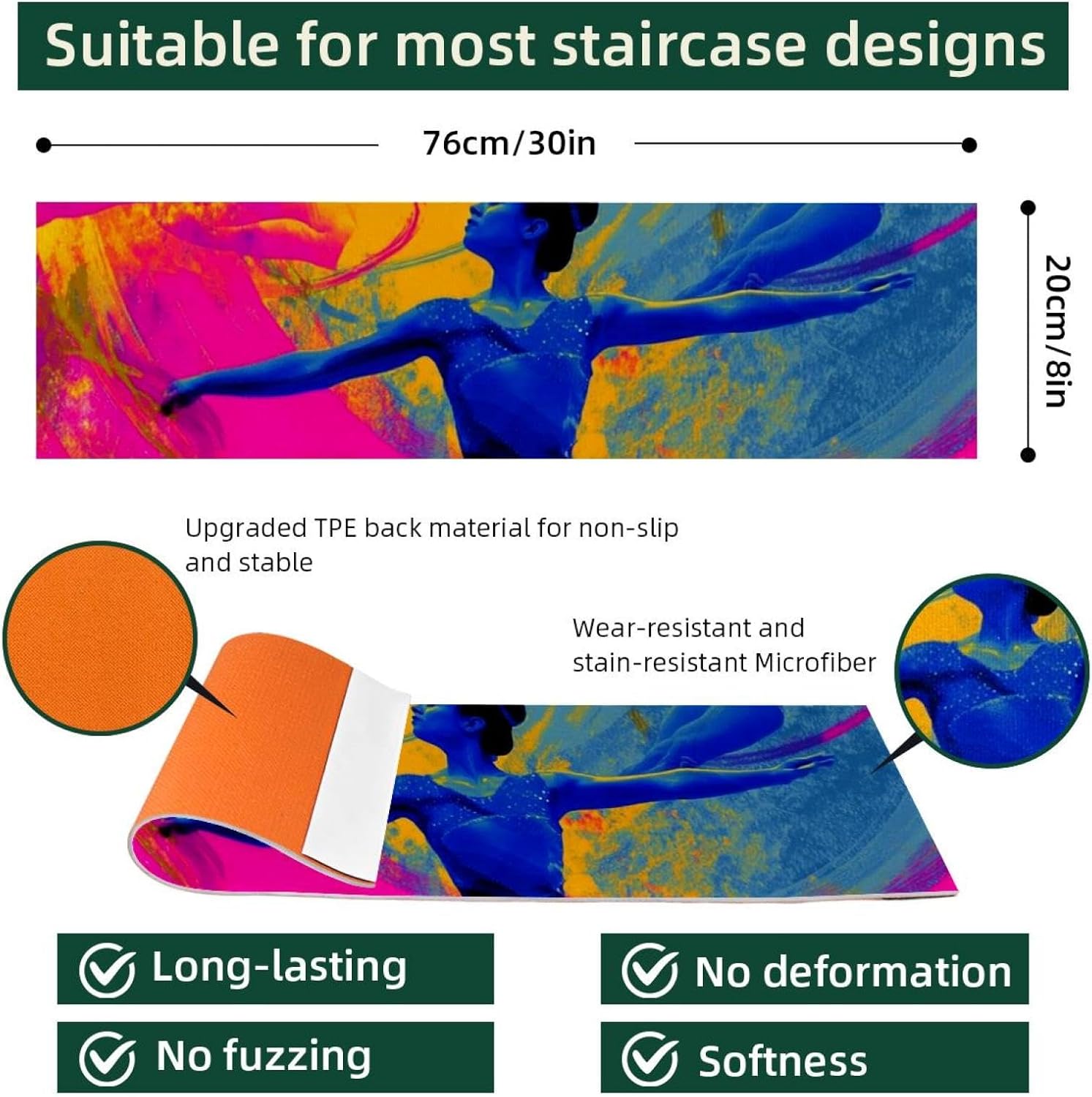 15 Pack Stair Treads for Wooden Steps, Indoor Non-Slip Staircase Step Treads Carpet Mat, Rhythmic Gymnastics Colorful (1) Stair Mats for Pets Dogs Elders 8x30In