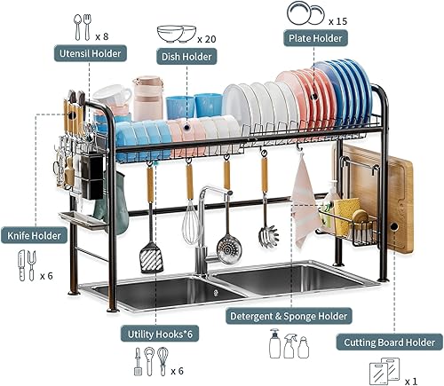 Miniatura 2 de GAOKASE Escurridor de platos grande para encimera de cocina con soporte para esponja para utensilios y soporte para tabla de cortar, organizador de