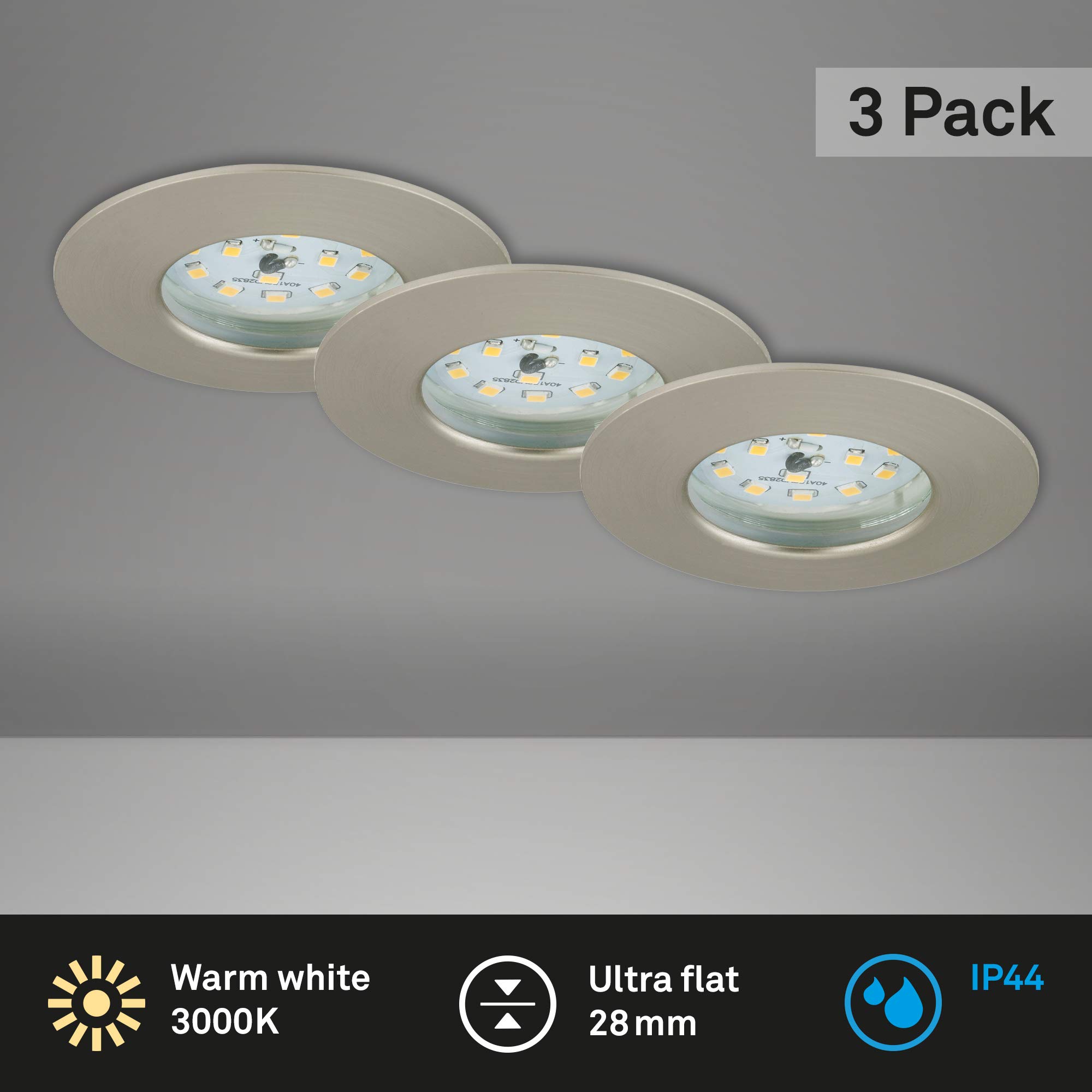 BRILONER Leuchten, Recessed LED Downlight, Set of 3, Ceiling Light, 5 Watt, 400 Lumens, 3,000 Kelvin, IP44, Matte Nickel - Image 2