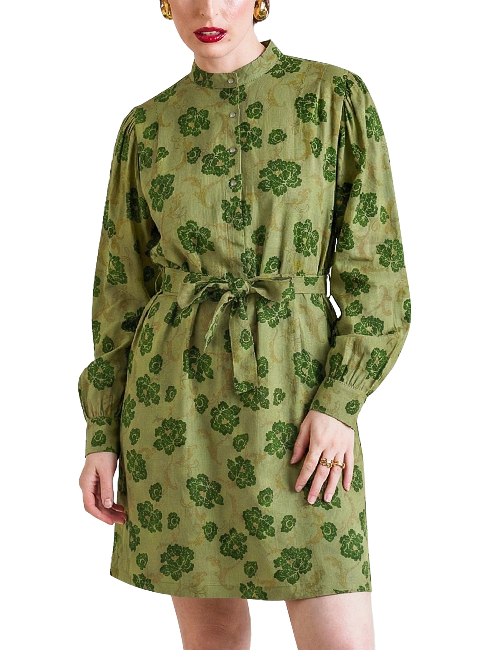 Enorsia Womens High Neck Green Floral Belted Mini Dress - Elegant Viscose with Puff Sleeves, Comfortable Fit for Any Occasion (UK, Numeric, 16, Regular, Regular, Green)