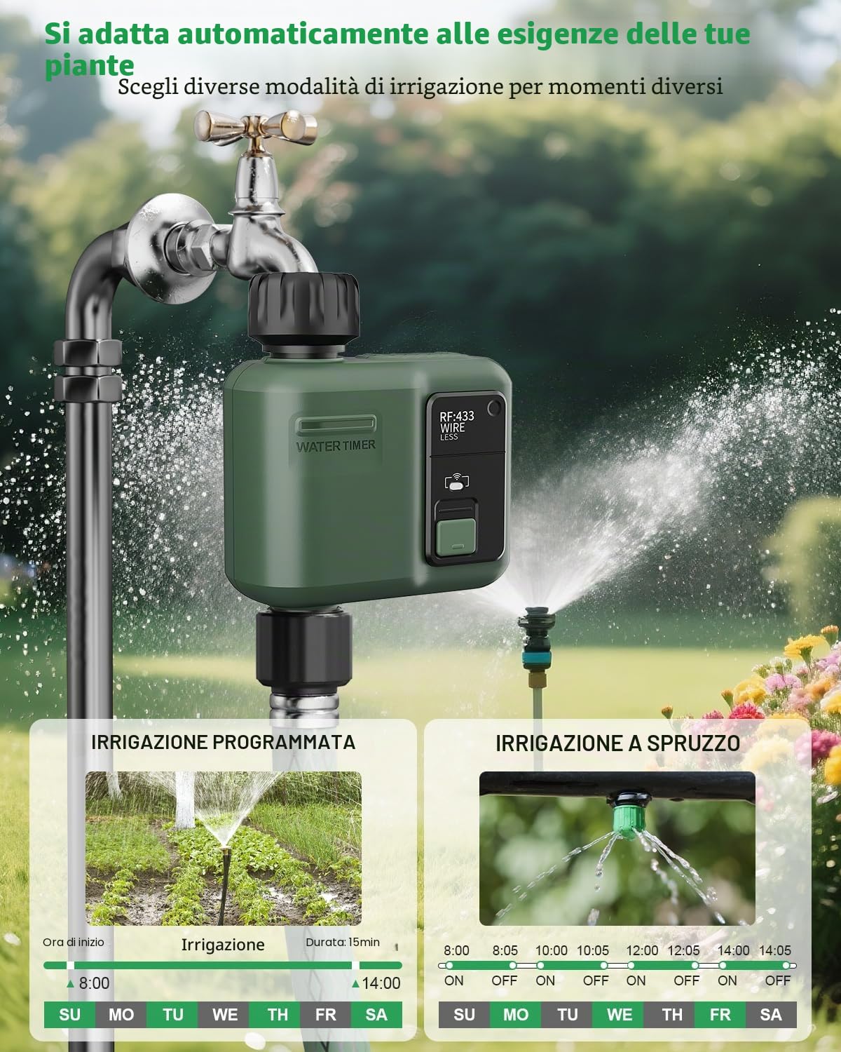 Sistema di Irrigazione Intelligente RF433 e WIFI Automatica 1 Vie Timer Irrigazione a Batteria da Esterno per Giardino Prato Orto